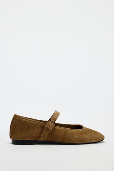 SPLIT SUEDE BALLERINAS - Dark tan by Zara