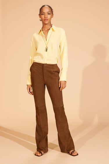 LIMITED EDITION LEATHER SUEDE FLARE TROUSERS - Dark camel by Zara - Image 1