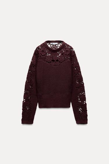 CROCHET KNIT SWEATER - Burgundy by Zara