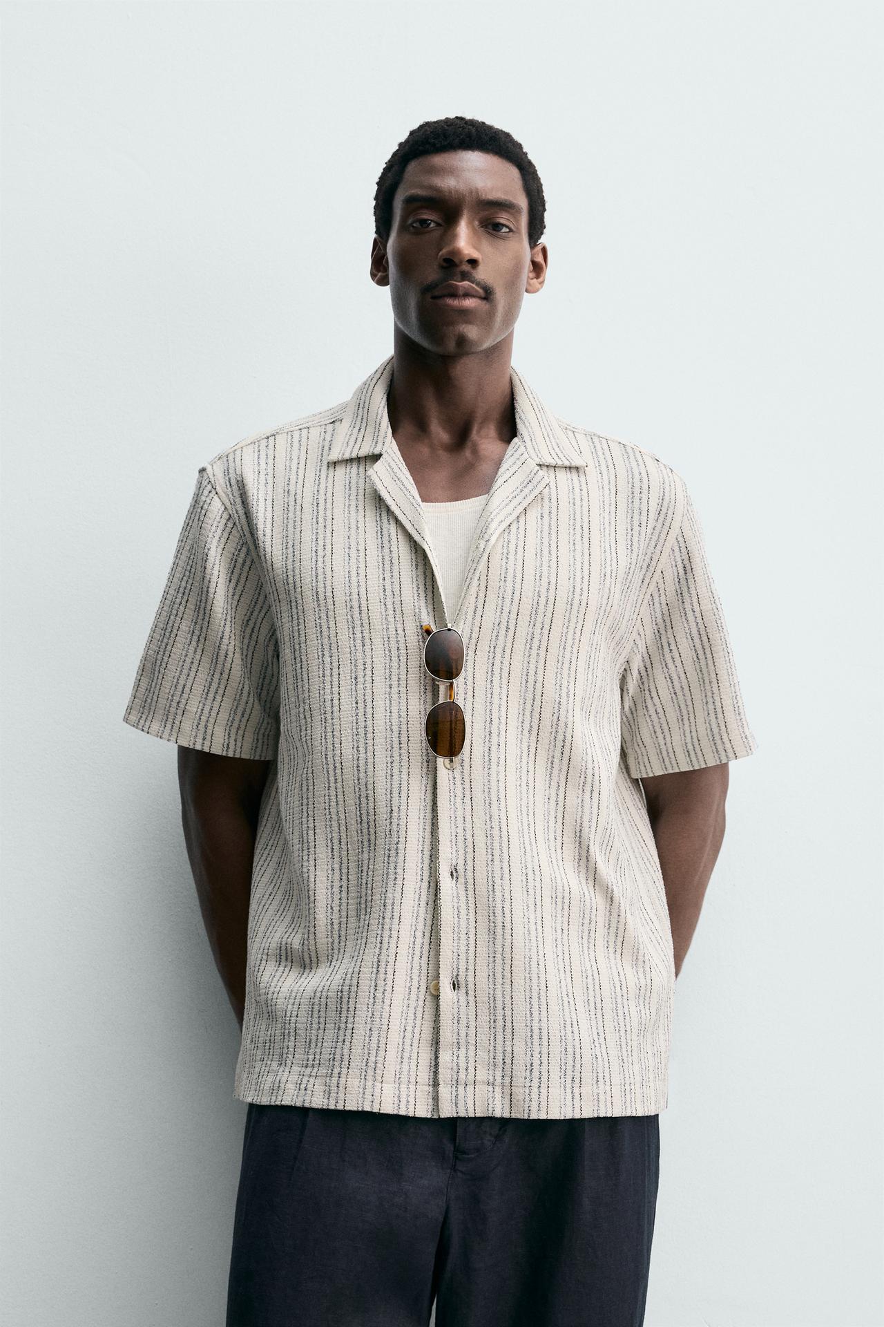 TEXTURED WEAVE SHIRT — Ecru / Blue