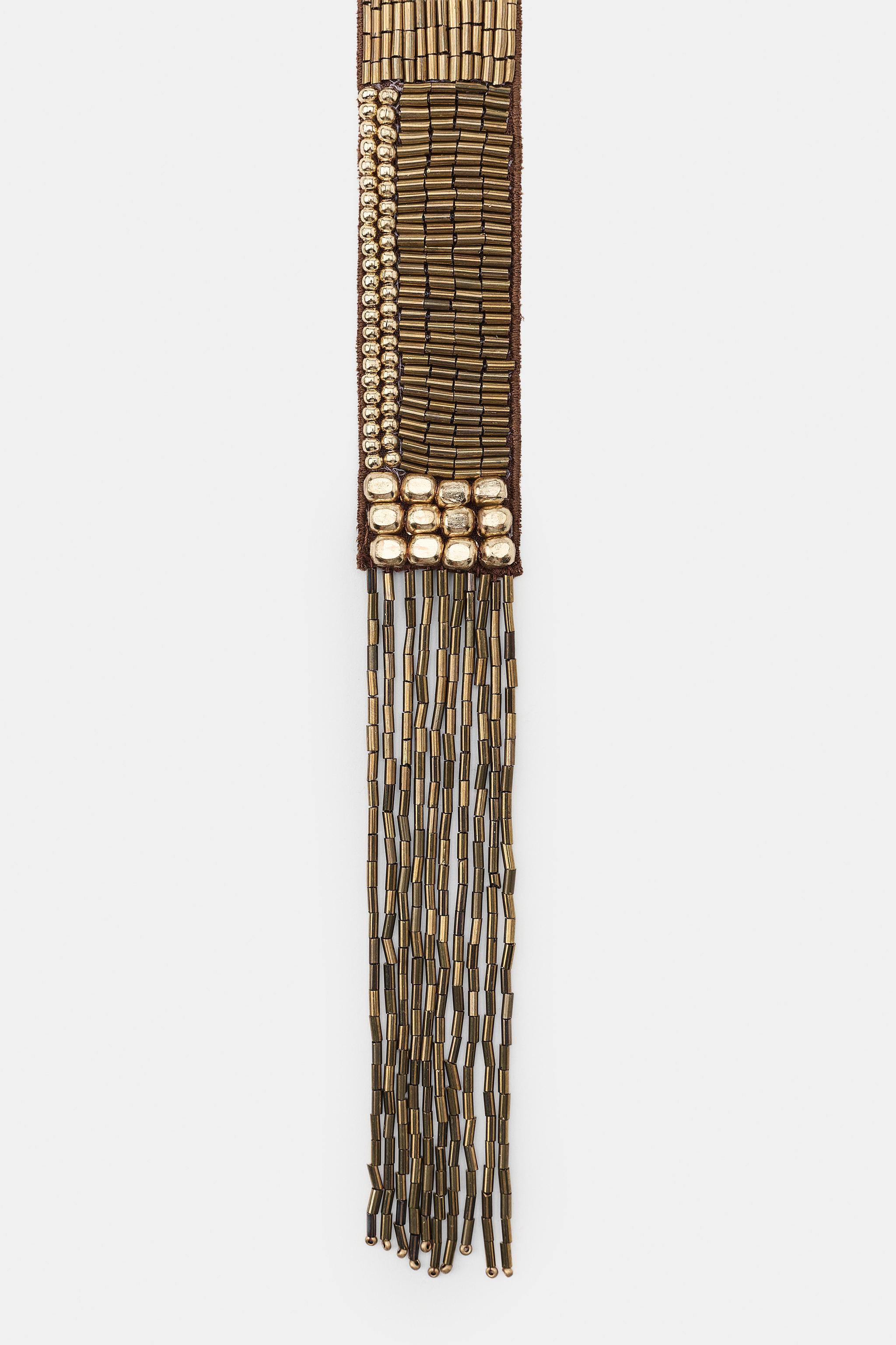 FRINGED BEADED FOULARD SCARF
