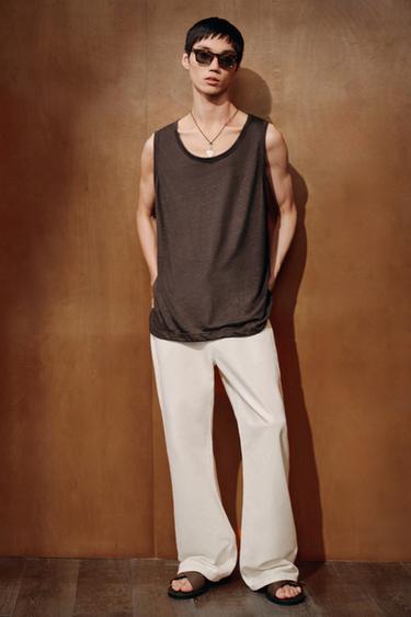 100% LINEN VEST TOP - Brown by Zara