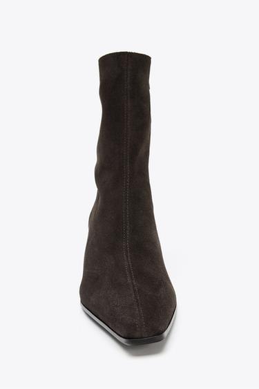 SPLIT SUEDE KITTEN HEEL ANKLE BOOTS - Chocolate Brown by Zara - Image 3