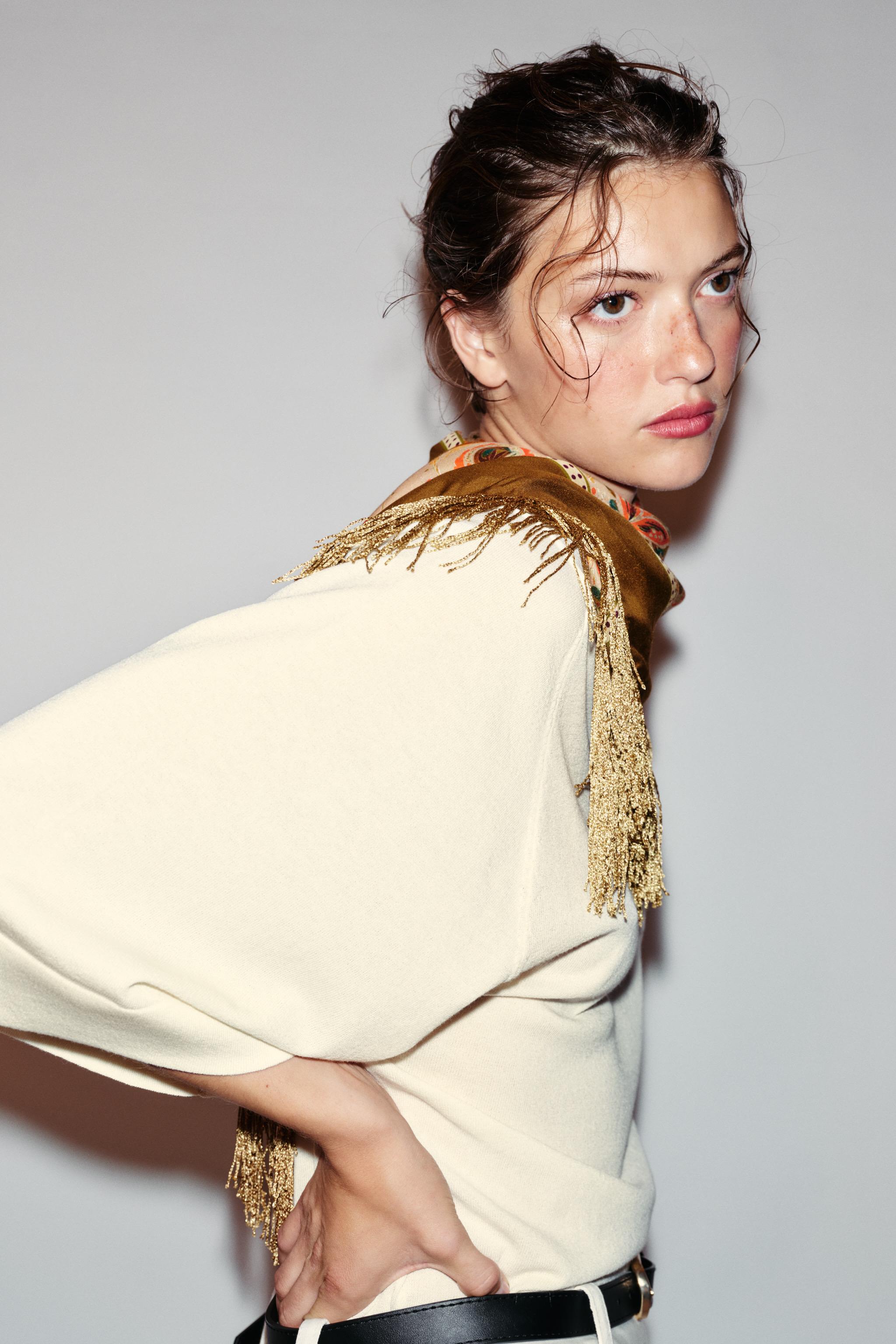VISCOSE SILK FRINGED PRINTED SCARF - Ecru | ZARA United States