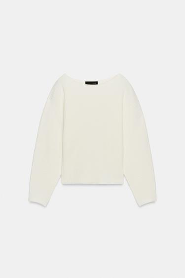 PLETEN REBRAST PULOVER S ŠIROKIMI ROKAVI - Ekru barva od Zare