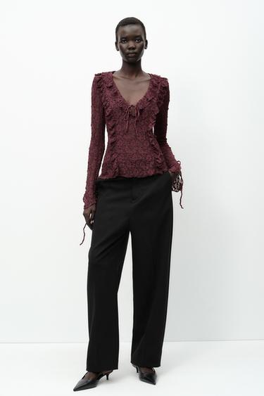 RUFFLED LACE TOP - Burgundy by Zara