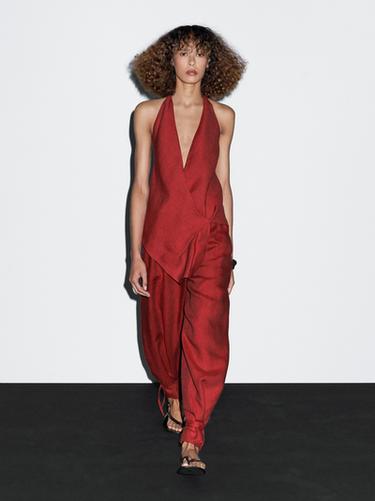 Zara Linen halter top with low-cut back - Dark red - Image 0