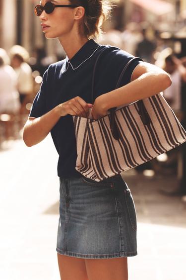Zara STRIPED CANVAS SHOPPER - Black