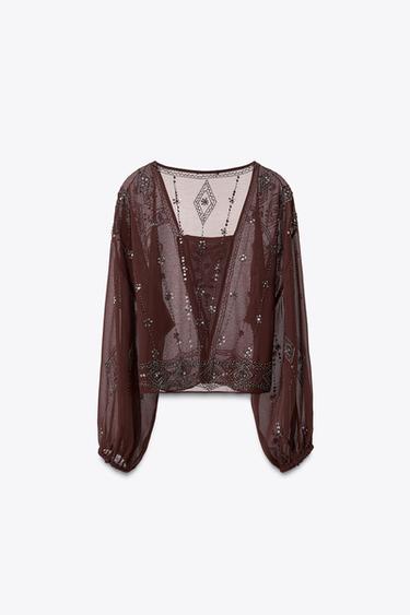 Zara GEORGETTE BEADED EMBROIDERED BLOUSE - Brown