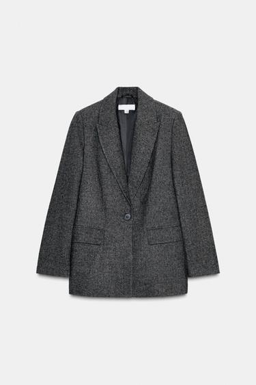 Zara HERRINGBONE WOOL BLAZER - Gray / Tan
