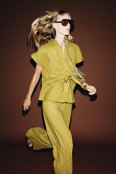Zara KNOTTED LINEN SHIRT - Mustard