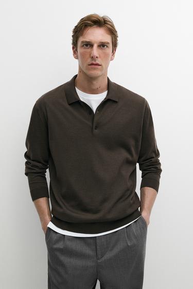 Pull polo en maille 100 % laine mérinos - Kaki foncé de Zara