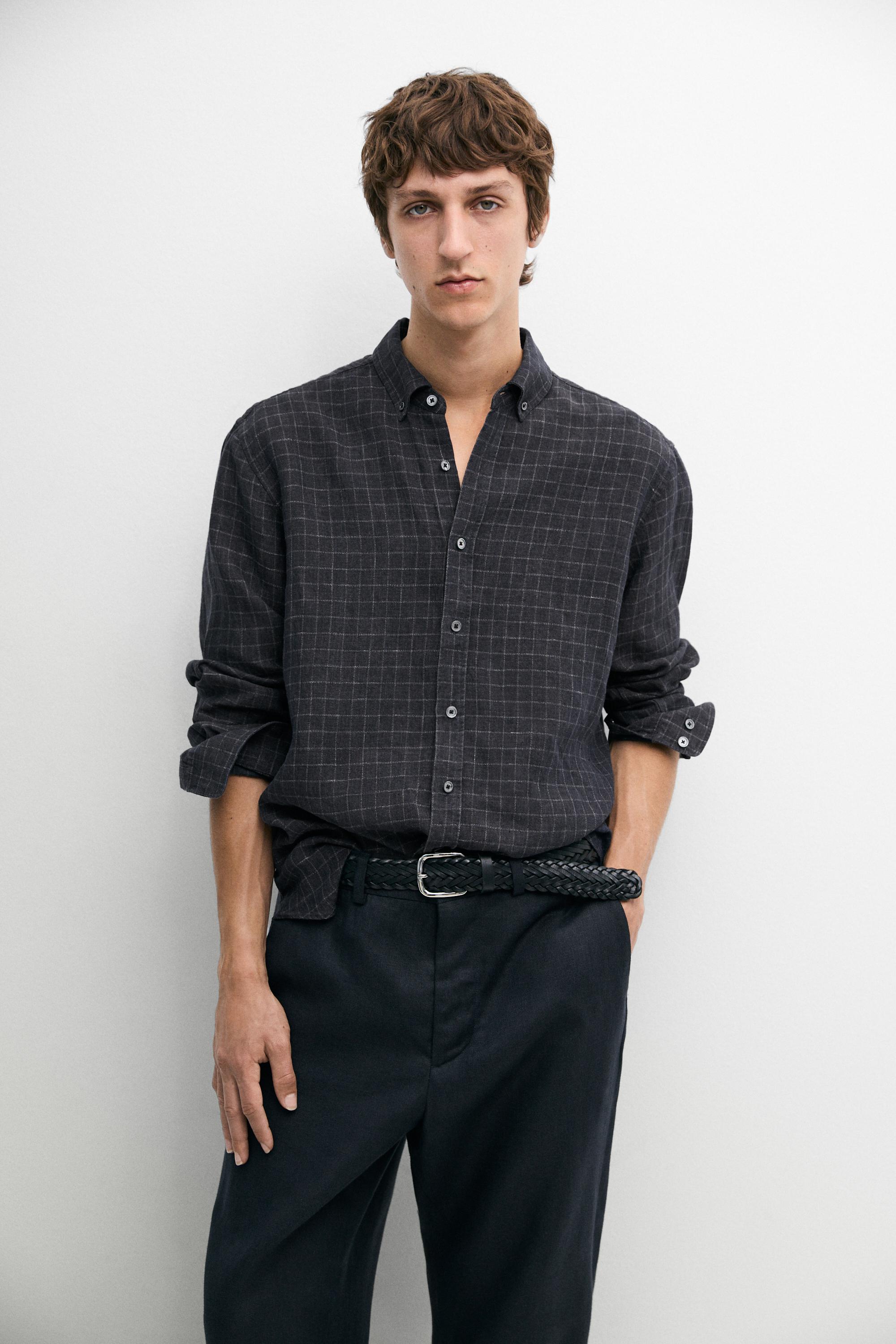 100% linen regular fit check shirt — Charcoal gray