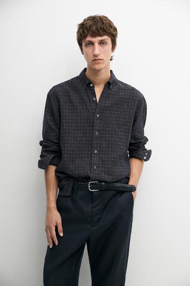 Zara 100% linen regular fit check shirt - Charcoal gray