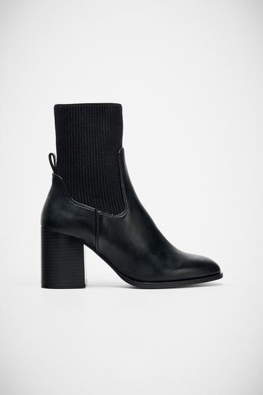 بوت إلى الكاحل بكعب وساق من القماش المنسوج - أسود by Zara