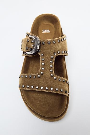 SANDALES À PLATEFORME ET CLOUS EN CROÛTE DE CUIR - Vert kaki de Zara