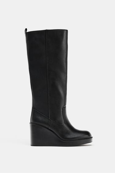 LEATHER WEDGE HEEL BOOTS - Black by Zara