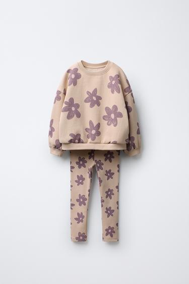 Zara 印花運動衫和緊身褲套裝 - 米色