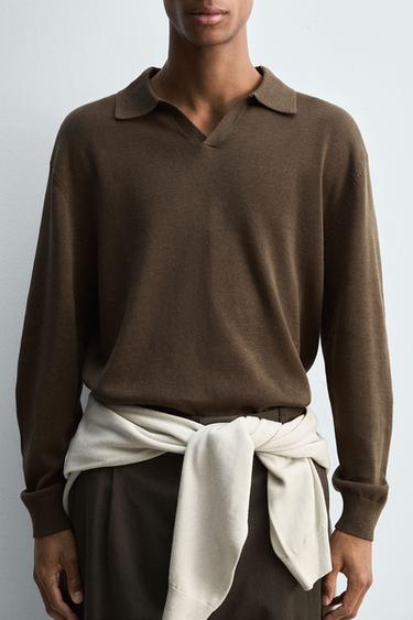 COTTON/HEMP KNIT POLO SHIRT - Black / Brown by Zara - Image 4