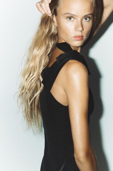 Zara VELVET MINI DRESS WITH TIES - Black