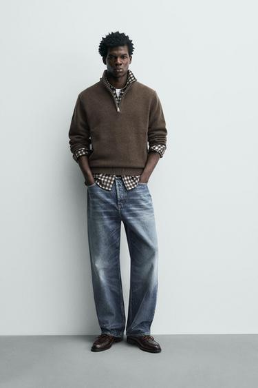 Zara 100% WOOL QUARTER-ZIP JUMPER - Brown / Taupe