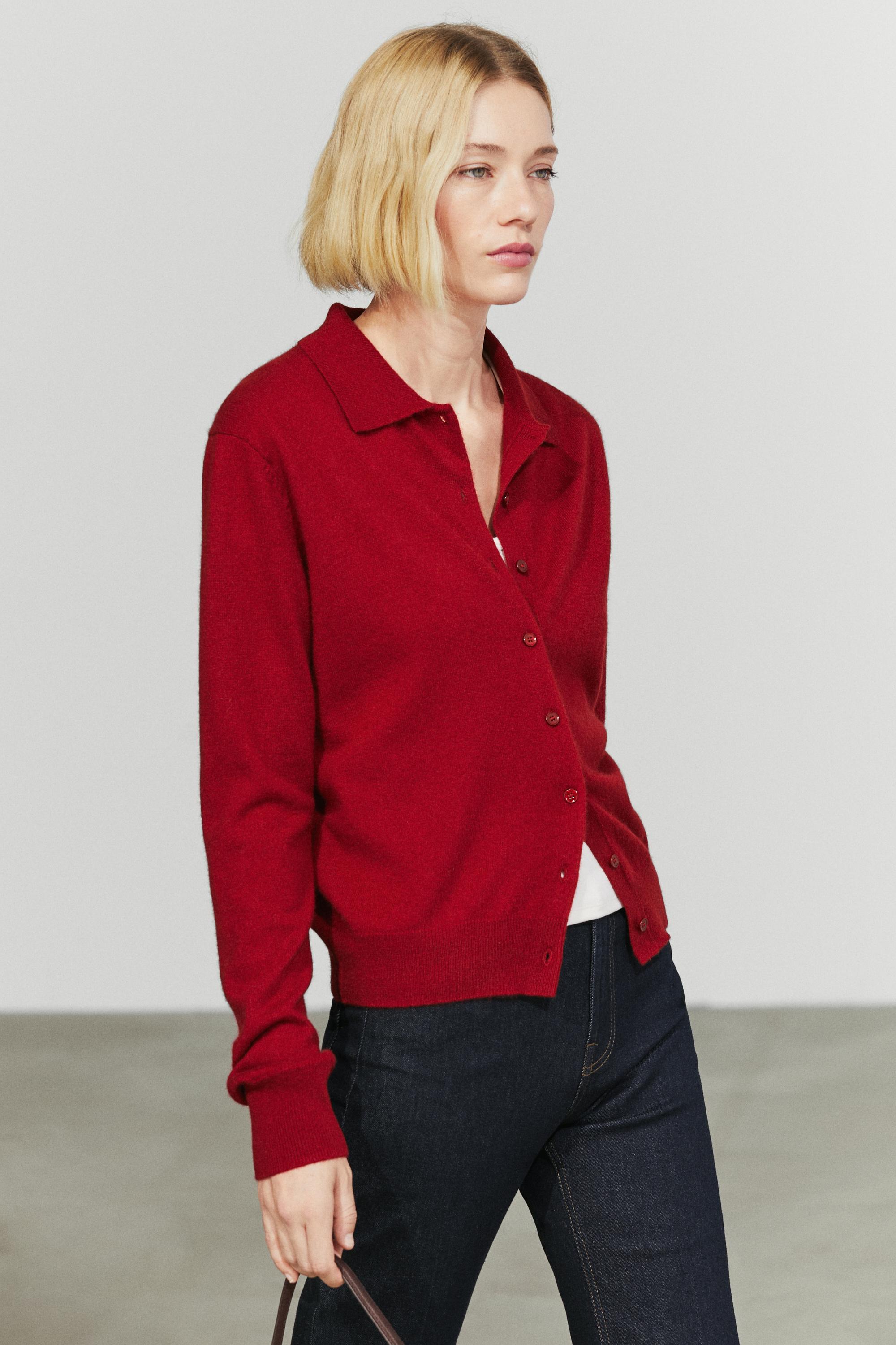 100% cashmere knit polo collar cardigan — Maroon