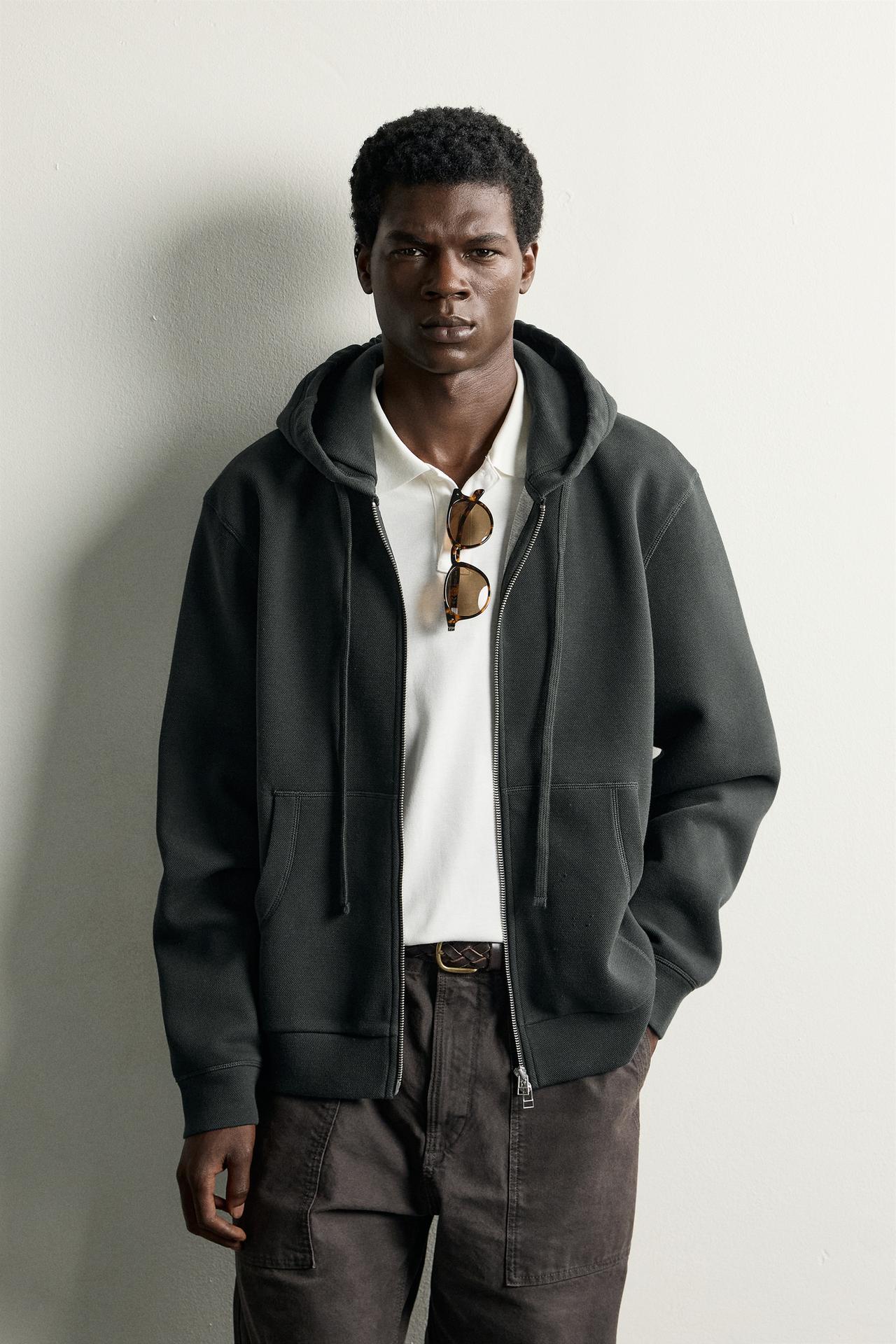 CONTRAST PIQUÉ HOODIE — Gray green