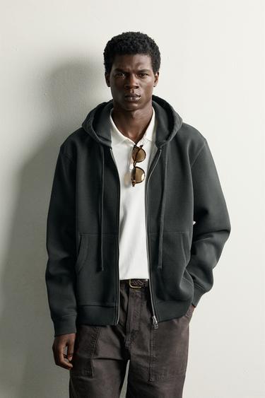 CONTRAST PIQUÉ HOODIE — Gray green 2