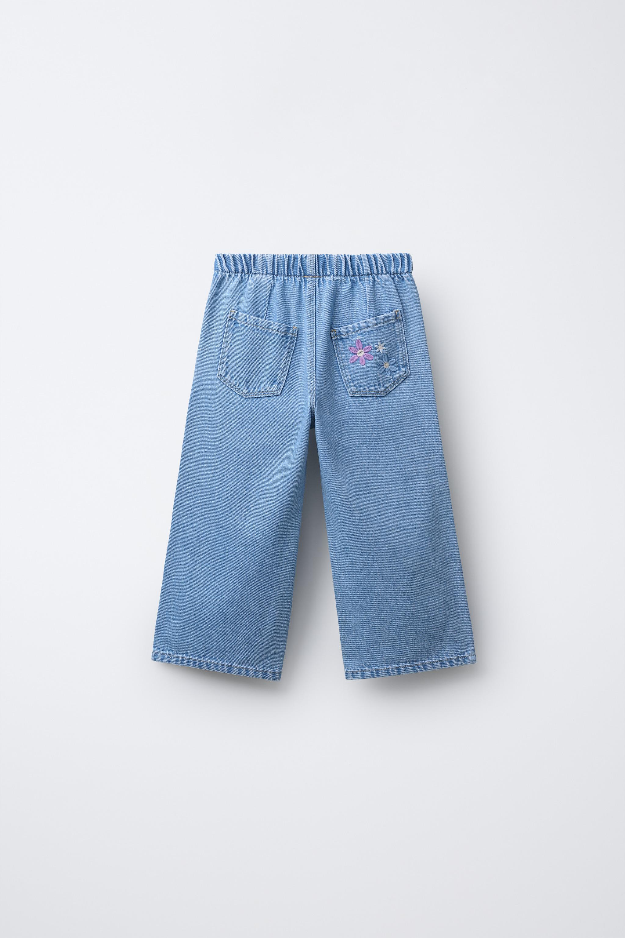 フラワー刺繍ワイドレッグデニムパンツ - ブルー | ZARA Japan / 日本