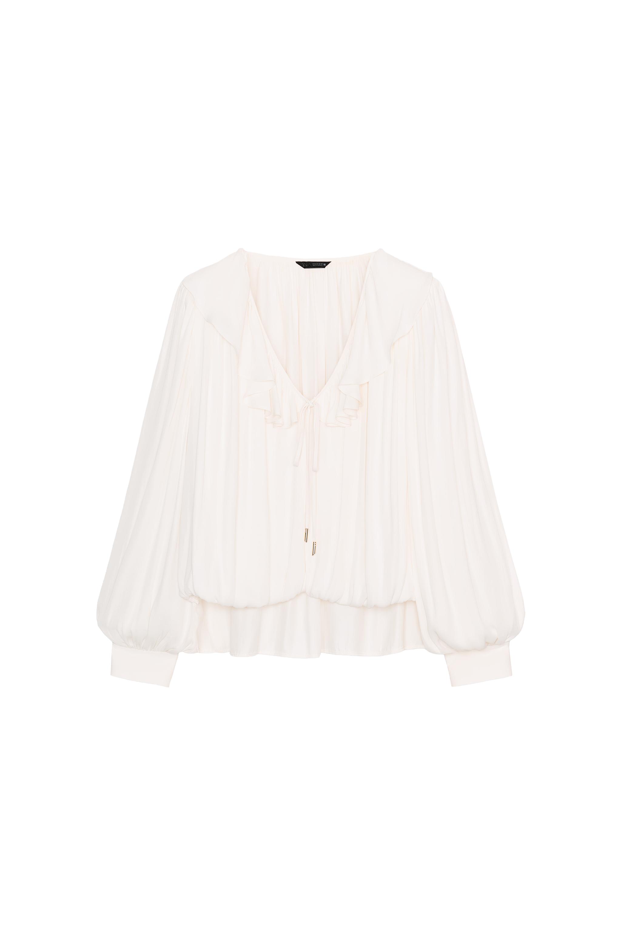 SATIN BLOUSE WITH RUFFLES AND SHOULDER PADS