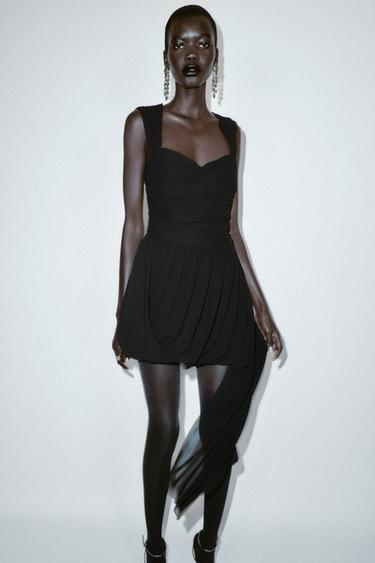 ASYMMETRIC BALLOON HEM DRAPED MINI DRESS - Black by Zara