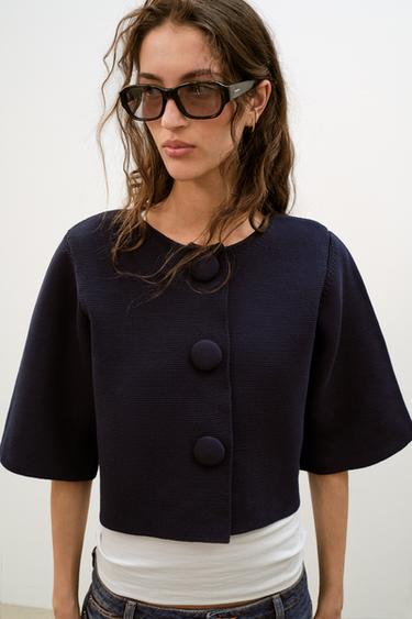 CROPPED KNIT CARDIGAN - Navy blue by Zara