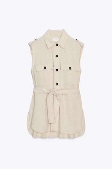Zara LINEN BELTED LONG VEST - Light beige