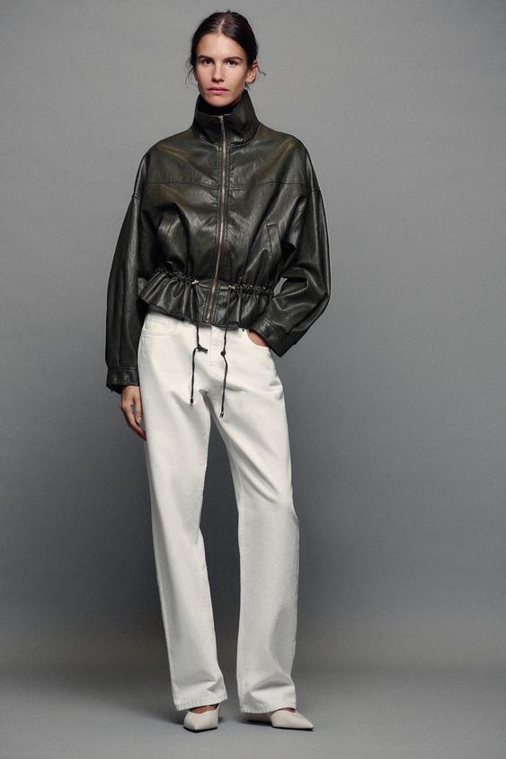 LEATHER EFFECT DRAWSTRING JACKET - Dark khaki by Zara - Image 0