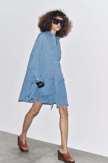 Zara ZW COLLECTION 條紋長版襯衫 - 藍色