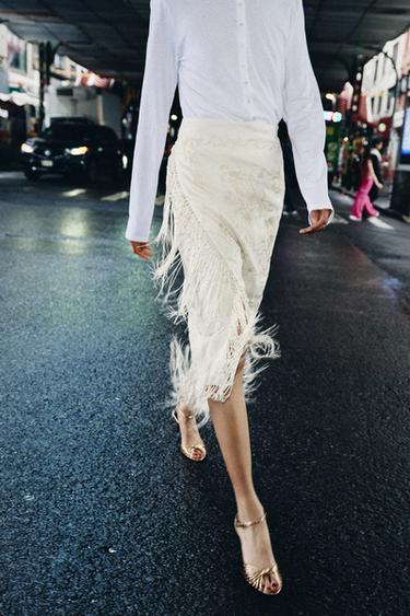 Zara ZW COLLECTION 100% LINEN EMBROIDERED MIDI SKIRT - Ecru