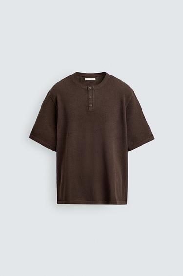 TRICOT T-SHIRT MET POLOSLUITING VAN KATOEN EN LINNEN - Bruin van Zara