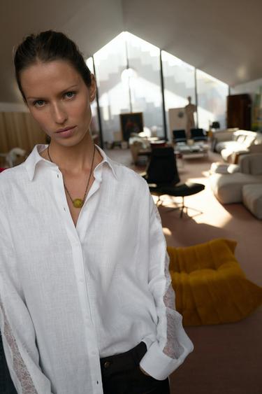OVERSIZED BLOUSE MET KANT EN LINNEN - Wit van Zara