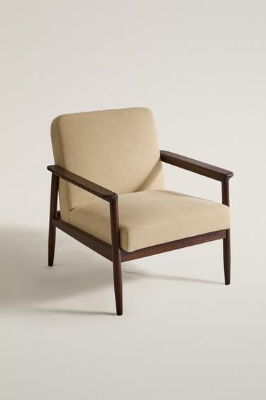 WOOD AND LINEN ACCENT CHAIR — Dark beige 2