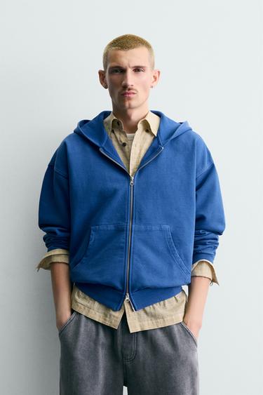 SWEAT DÉLAVÉ ZIPPÉ À CAPUCHE - Bleu / Acier de Zara