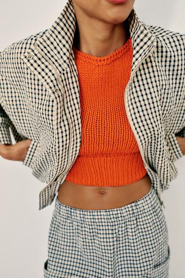 Zara PLAID BOMBER JACKET - Black / Ecru