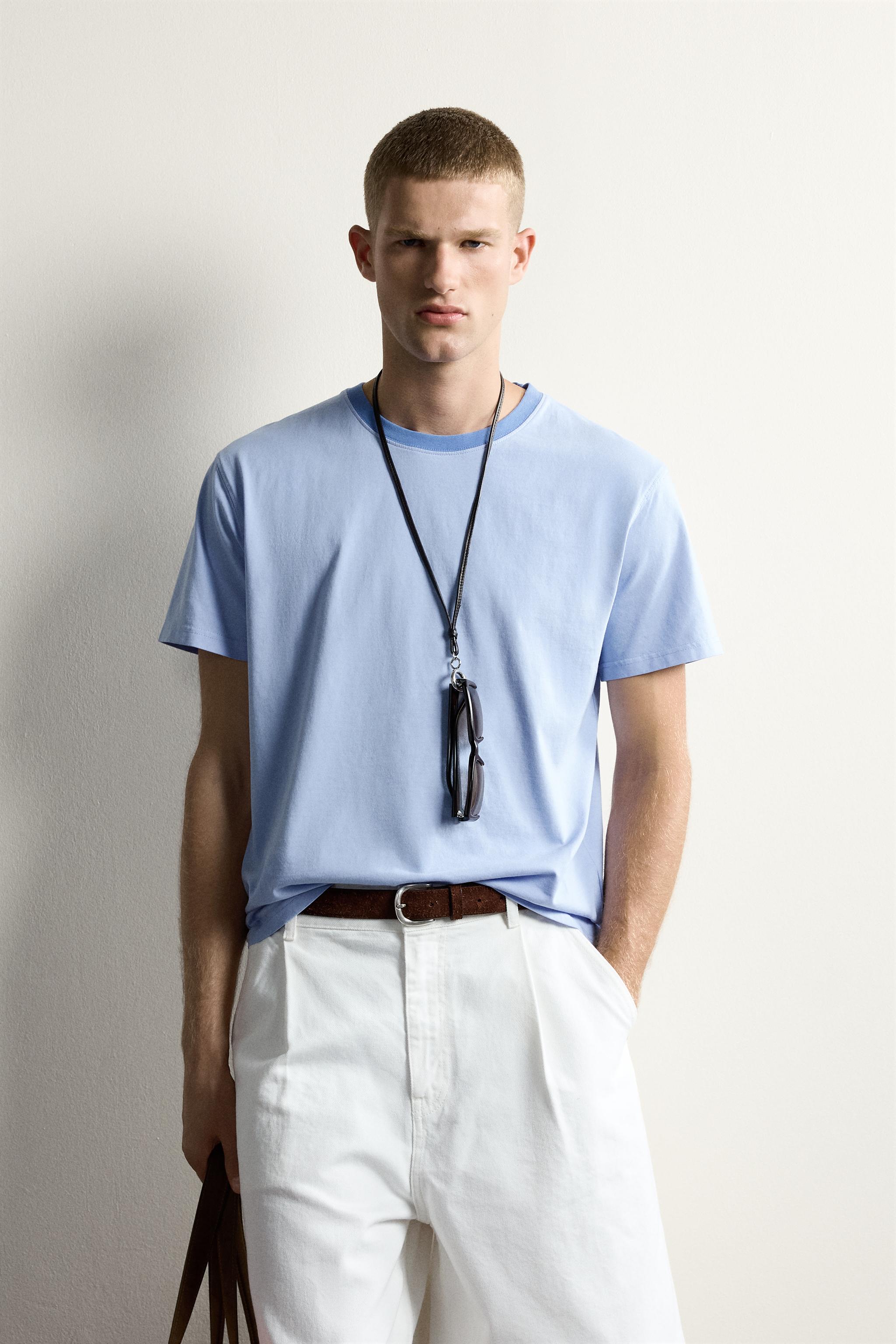 CONTRAST NECK RELAXED FIT T-SHIRT — LIGHT BLUE