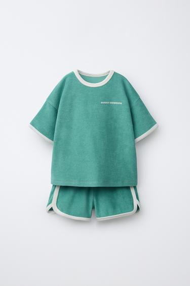 T-SHIRT AND BERMUDA SHORTS SET WITH TOWELLING TRIM - Turquoise by Zara - Image 0