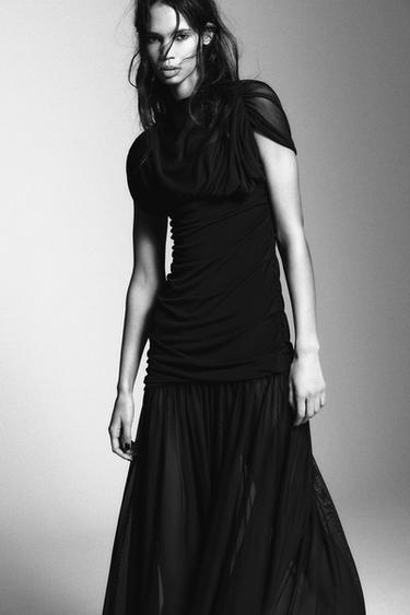 DRAPIERTES MIDIKLEID MIT MATERIALKOMBINATION - Schwarz von Zara