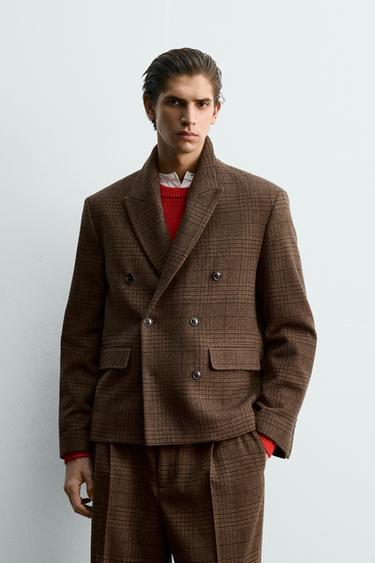 Zara 方正版型格紋西裝外套 - 棕色