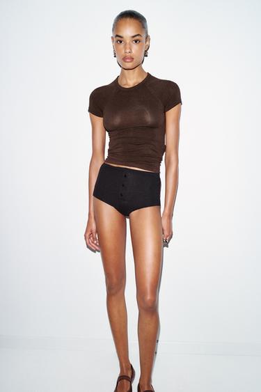 TRIČKO S KRÁTKYM RAGLÁNOVÝM RUKÁVOM - Brown marl zn. Zara