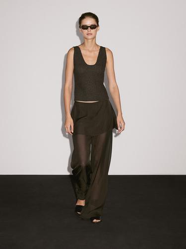 Pantalón fluido combinado 100% seda - Khaki oscuro de Zara - Imagen 0