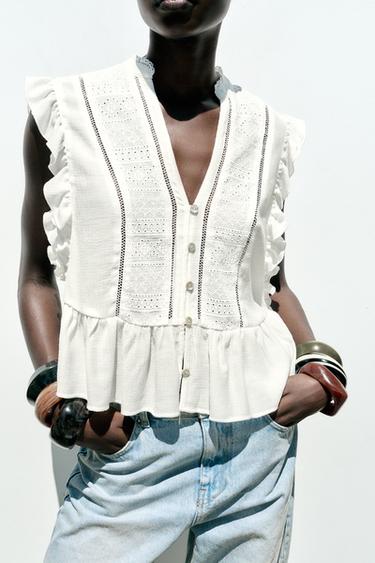 CAMISA BORDADOS VOLANTES - Blanco de Zara