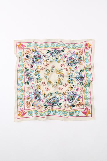Zara FLORAL PRINT SATIN SCARF - Ecru