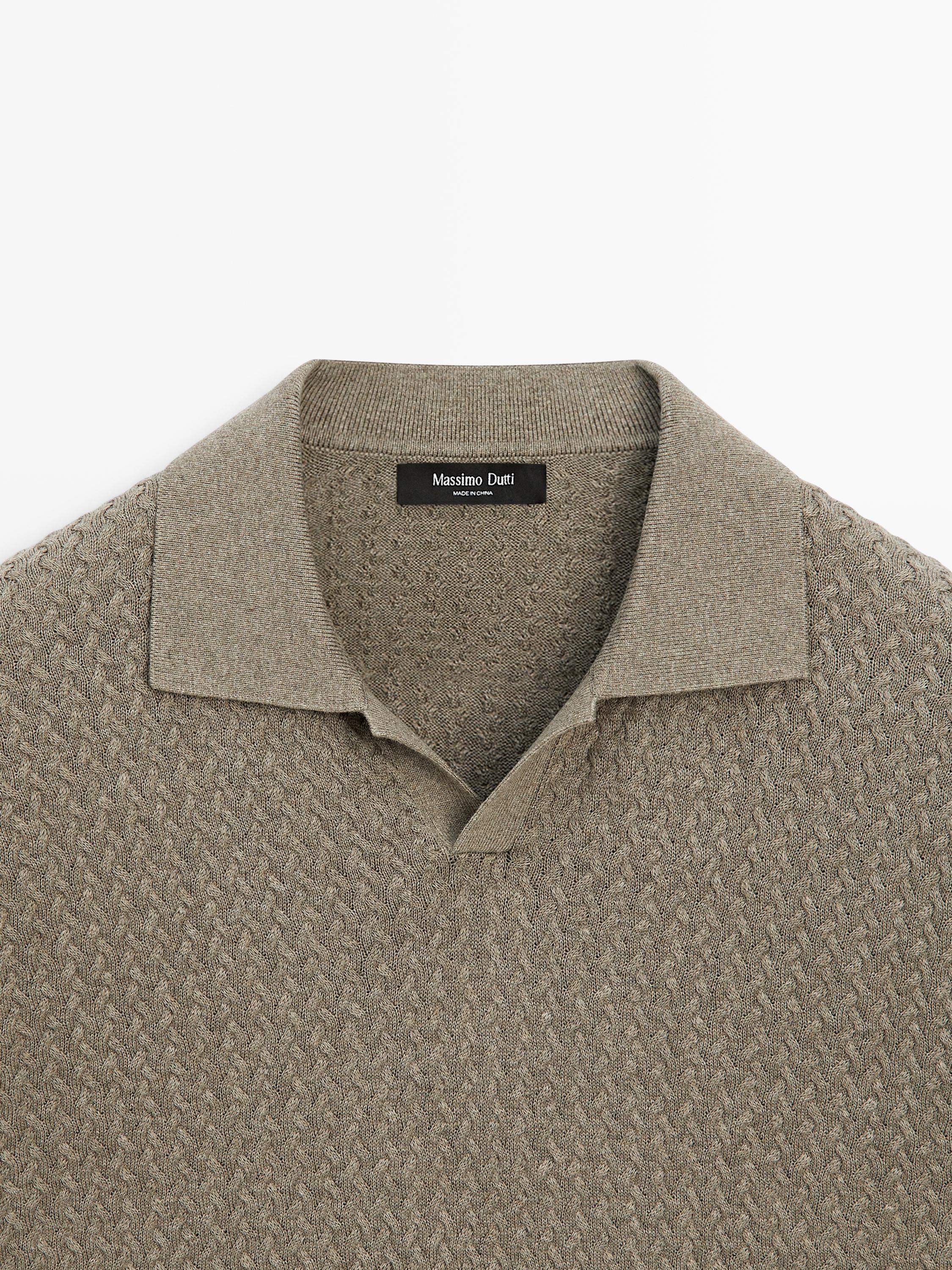 Cable-knit V-neck polo shirt
